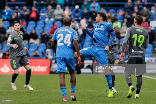 Getafe CF's Dimitri Foulquier (L) and Jorge Molina (R) and Real Sociedad's Theo Hernandez during La Liga match between Getafe CF and Real Sociedad at Coliseum Alfonso Perez in Getafe, Spain. December 15, 2018. (Photo by A. Ware/NurPhoto via Getty Images)